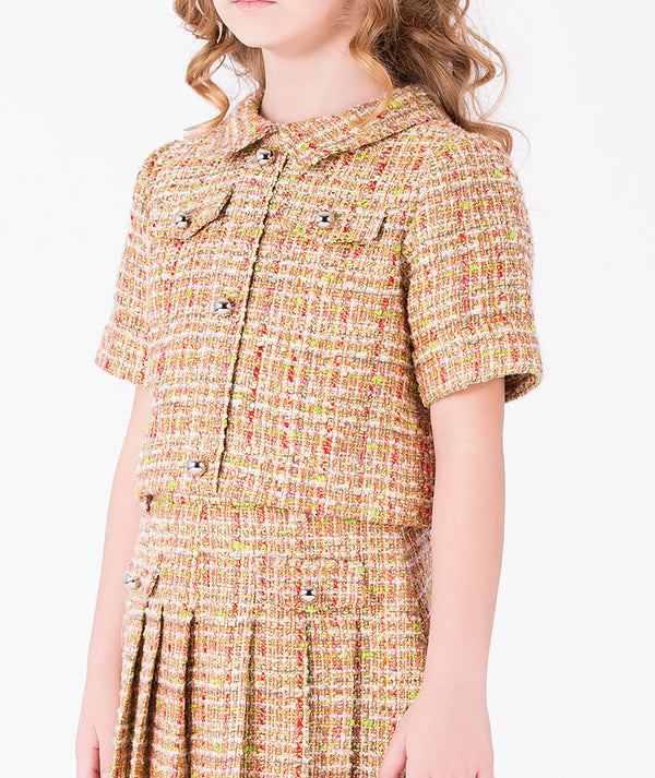 Close-up of Cyrstal Tweed Girls Outfit | 2 Pieces in coral tweed for girls ages 3 to 12, highlighting fabric texture and designer details