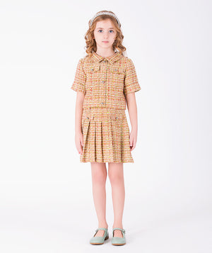 Front view of Cyrstal Tweed Girls Outfit | 2 Pieces in coral tweed for girls ages 3 to 12, a premium children’s design by Mama Luma