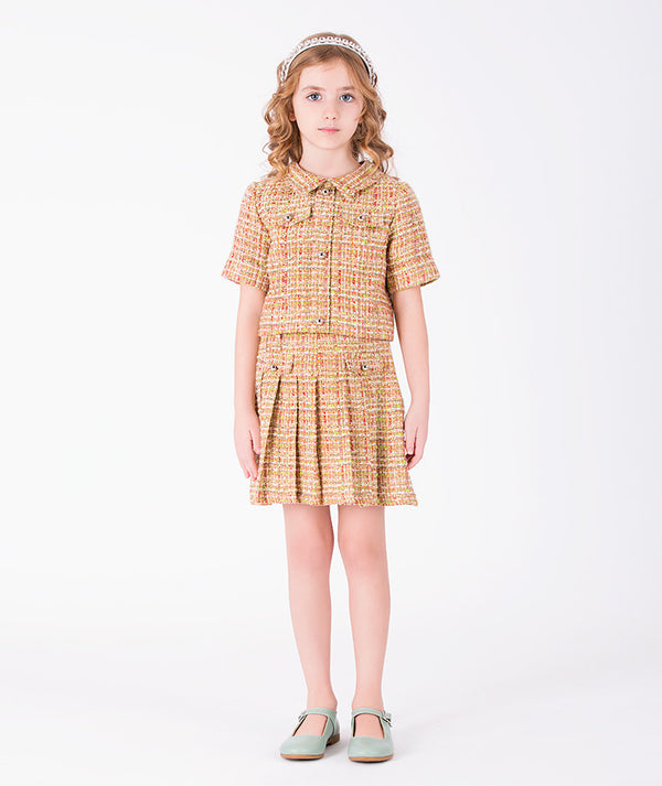 Front view of Cyrstal Tweed Girls Outfit | 2 Pieces in coral tweed for girls ages 3 to 12, a premium children’s design by Mama Luma