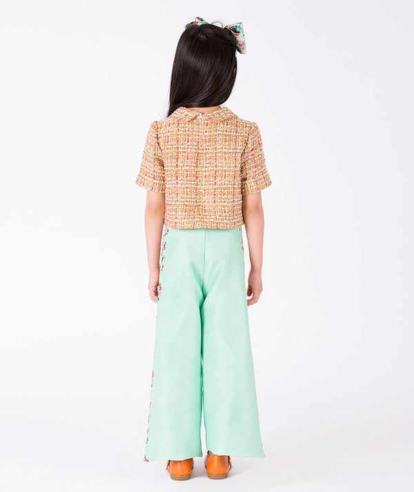 Back view of Cyrstal Tweed Girls Pants Outfit | 2 Pieces in mint green tweed for girls ages 3 to 12, showing the silhouette and refined construction