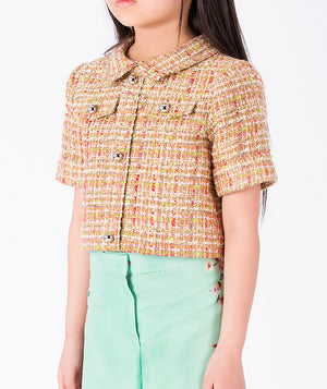 Close-up of Cyrstal Tweed Girls Pants Outfit | 2 Pieces in mint green tweed for girls ages 3 to 12, highlighting fabric texture and designer details