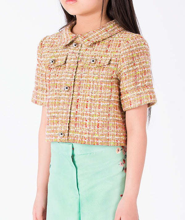 Close-up of Cyrstal Tweed Girls Pants Outfit | 2 Pieces in mint green tweed for girls ages 3 to 12, highlighting fabric texture and designer details