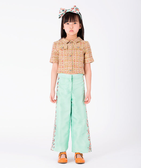 Front view of Cyrstal Tweed Girls Pants Outfit | 2 Pieces in mint green tweed for girls ages 3 to 12, a premium children’s design by Mama Luma