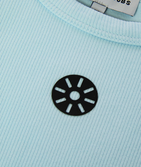 Close-up detail of baby blue cotton tank top for girls aged 3 to 14 years