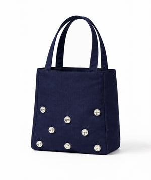 Front view of Diamond Embellished Handbag in navy satin, a premium children’s design by Mama Luma