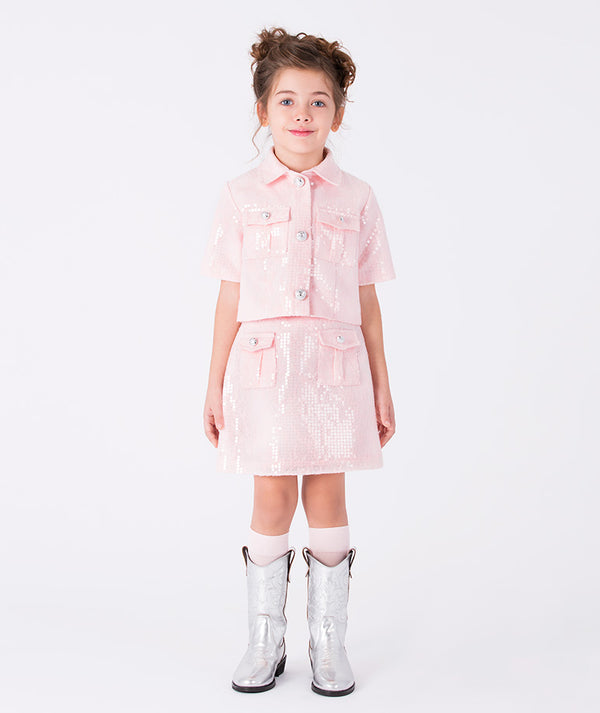 Elegant pastel pink sequin girls’ skirt (3–12Y) ideal for birthdays, Easter gatherings, and holiday portraits