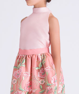 Close-up detail of the Embroidered Floral Girls Outfit highlighting the floral embroidery on sheer tulle skirt and smooth lightweight fabric of the top, cotton lined for comfort, ideal for festive events and elegant celebrations for ages 3–12.