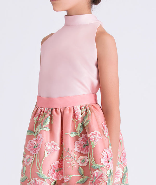 Close-up detail of the Embroidered Floral Girls Outfit highlighting the floral embroidery on sheer tulle skirt and smooth lightweight fabric of the top, cotton lined for comfort, ideal for festive events and elegant celebrations for ages 3–12.