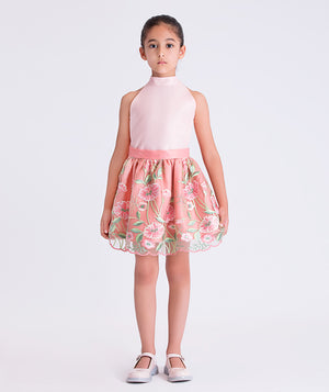 Front view of the Embroidered Floral Girls Outfit featuring a sleeveless halter-neck top and embroidered floral skirt, crafted from premium lightweight fabric with cotton lining, designed for girls ages 3–12 for weddings, birthdays, and special occasions.