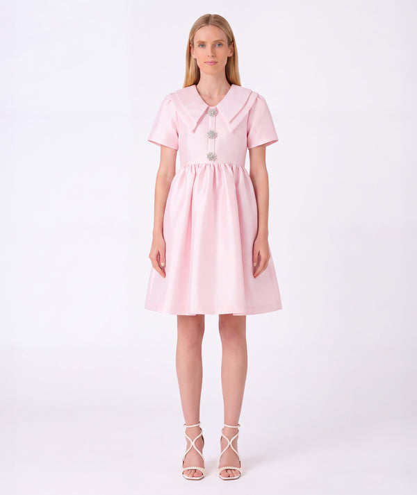 Front view of Enchanting Brooch Women's Dress in pink cotton, showing overall silhouette and styling