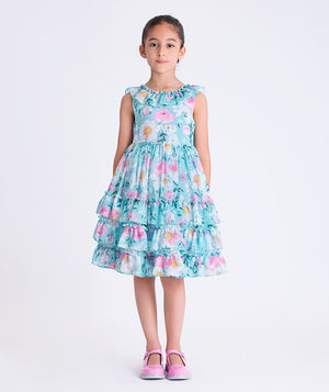 Enchanting Chiffon Girls Dress with floral chiffon fabric, tiered skirt, and ruffle neckline, front view girls occasion dress.