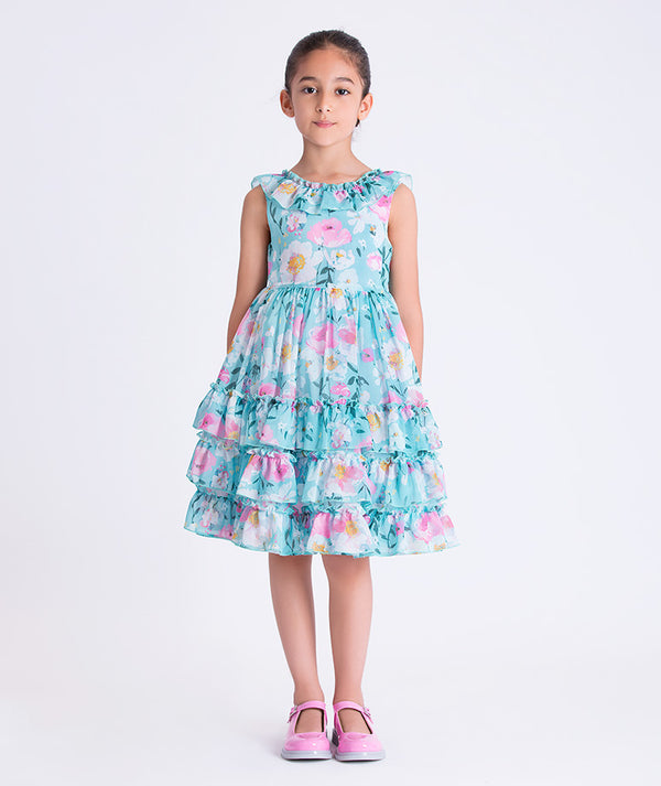 Enchanting Chiffon Girls Dress with floral chiffon fabric, tiered skirt, and ruffle neckline, front view girls occasion dress.