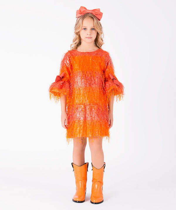 Front view of Enchanting Feathers Girls Dress in coral feather for girls ages 3 to 12, a premium children’s design by Mama Luma