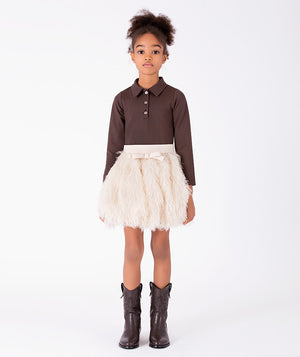 Front view of Enchanting Feathers Girls Outfit with chocolate polo-inspired top and voluminous ivory feather skirt for girls ages 3 to 12 by Mama Luma.