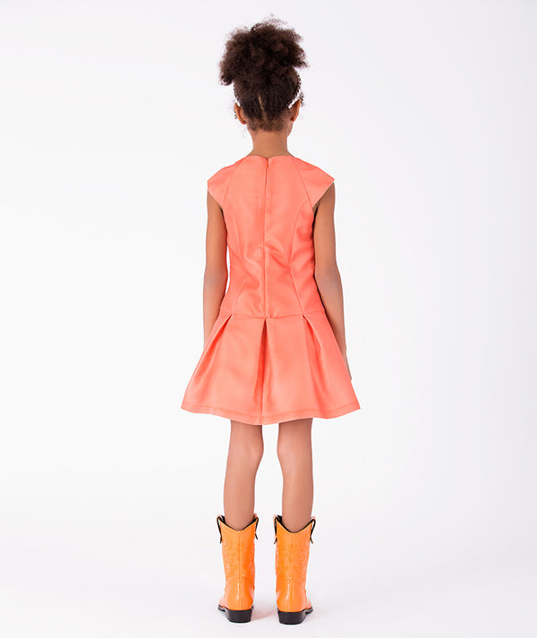 Back view of Exquisite Bows Girls Dress in coral for girls ages 3 to 12, showing the silhouette and refined construction