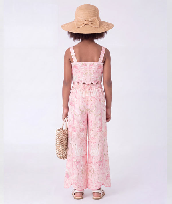 Back view of Exquisite Cut Girls Summer Outfit | 2 Pieces for girls ages 3 to 12, highlighting neckline, sleeves and embellishments