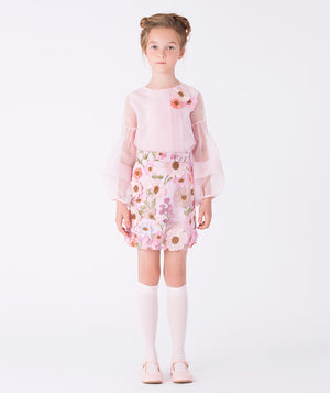 Front view of Exquisite Flowers pink organza girls blouse (3–12Y) featuring sheer puff sleeves, ideal for birthdays, Easter, and special occasions.