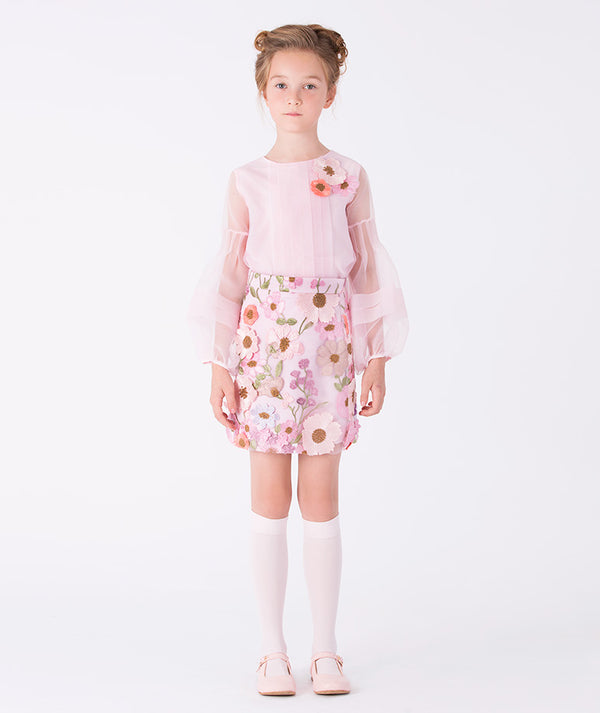Front view of Exquisite Flowers pink organza girls blouse (3–12Y) featuring sheer puff sleeves, ideal for birthdays, Easter, and special occasions.