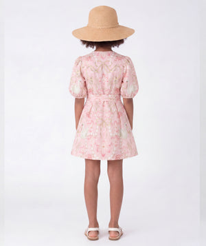 Back view of Exquisite Girls Summer Dress for girls ages 3 to 12, highlighting neckline, sleeves and embellishments