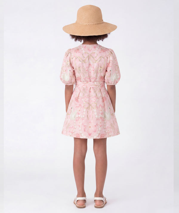 Back view of Exquisite Girls Summer Dress for girls ages 3 to 12, highlighting neckline, sleeves and embellishments