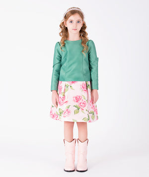 Editorial view of Exquisite Rose Bloom Outfit | 2 Pieces in green satin, featuring fabric texture and color