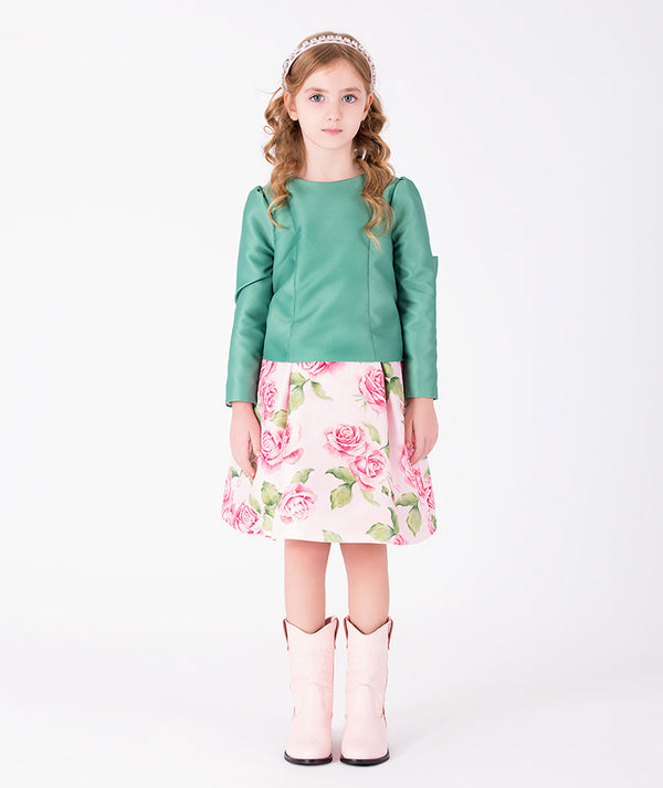 Editorial view of Exquisite Rose Bloom Outfit | 2 Pieces in green satin, featuring fabric texture and color