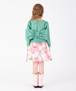 Editorial view of Exquisite Rose Bloom Outfit | 2 Pieces in green satin, featuring neckline, sleeves and embellishments