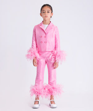 Feather Sleeve Girls Jacket in pink featuring a tailored silhouette and feather cuff details from Mama Luma’s Kohana Collection