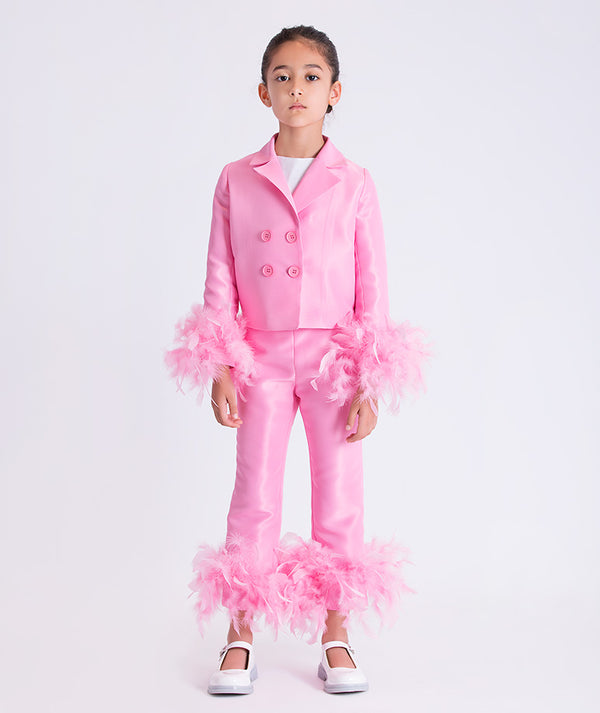 Feather Sleeve Girls Jacket in pink featuring a tailored silhouette and feather cuff details from Mama Luma’s Kohana Collection