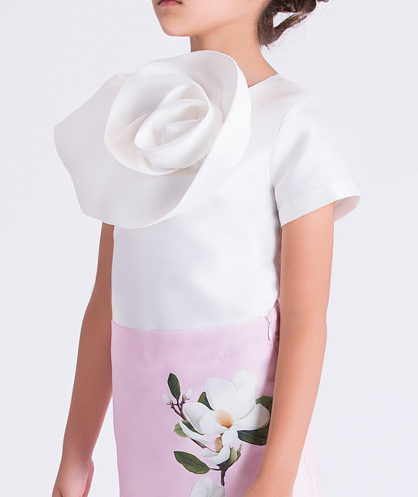 Girls two-piece outfit with floral appliqué top and elegant skirt by Mama Luma