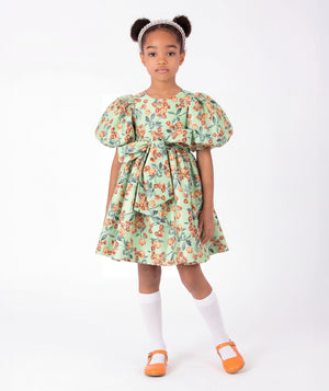 Front view of Floral Balloon Sleeve Girls Dress in mint green for girls ages 3 to 12, a premium children’s design by Mama Luma