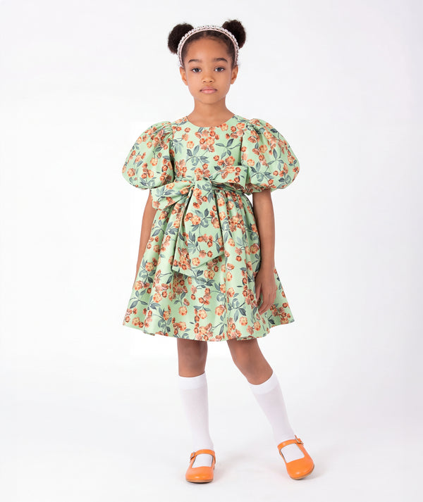 Front view of Floral Balloon Sleeve Girls Dress in mint green for girls ages 3 to 12, a premium children’s design by Mama Luma