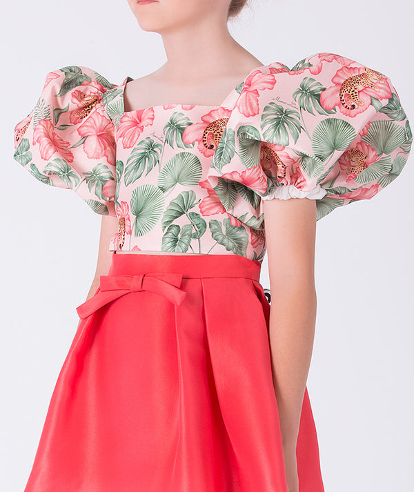 Close-up detail of the Floral Balloon Sleeve Girls Outfit highlighting the floral balloon sleeves and structured bodice crafted from premium lightweight woven fabric, fully cotton lined for comfort, ideal for festive events and celebrations for ages 3–12.