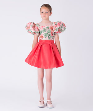 Front view of the Floral Balloon Sleeve Girls Outfit featuring a floral balloon-sleeve top and short flared skirt, crafted from premium lightweight fabric with cotton lining, designed for girls ages 3–12 for birthdays and special occasions.