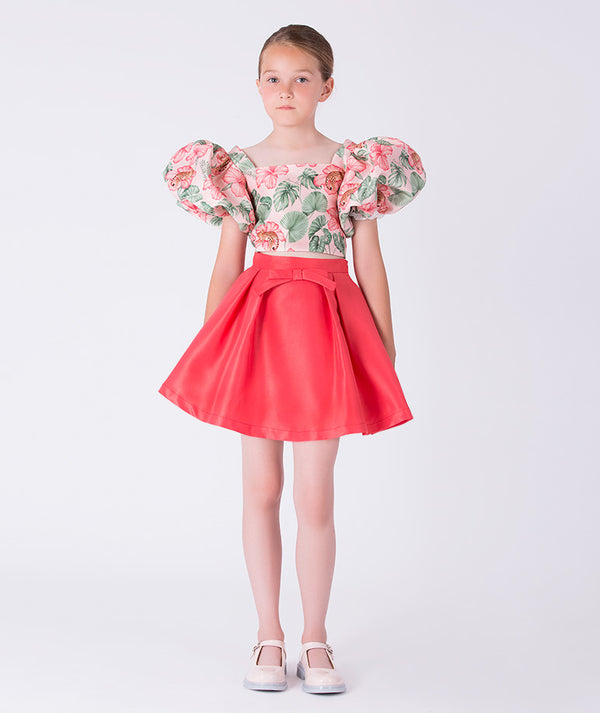 Front view of the Floral Balloon Sleeve Girls Outfit featuring a floral balloon-sleeve top and short flared skirt, crafted from premium lightweight fabric with cotton lining, designed for girls ages 3–12 for birthdays and special occasions.