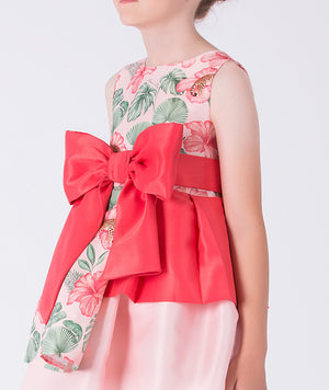 Close-up detail of the Floral Bow Detail Girls Dress highlighting the oversized bow accent and floral print on premium lightweight woven fabric, fully cotton lined for comfort, ideal for festive events and celebrations for ages 3–12.