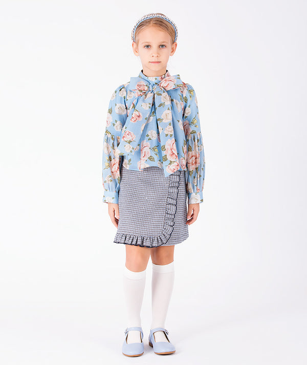 Floral Bow Girls Blouse in powder blue with pink roses, oversized neck bow and long sleeves for special occasions
