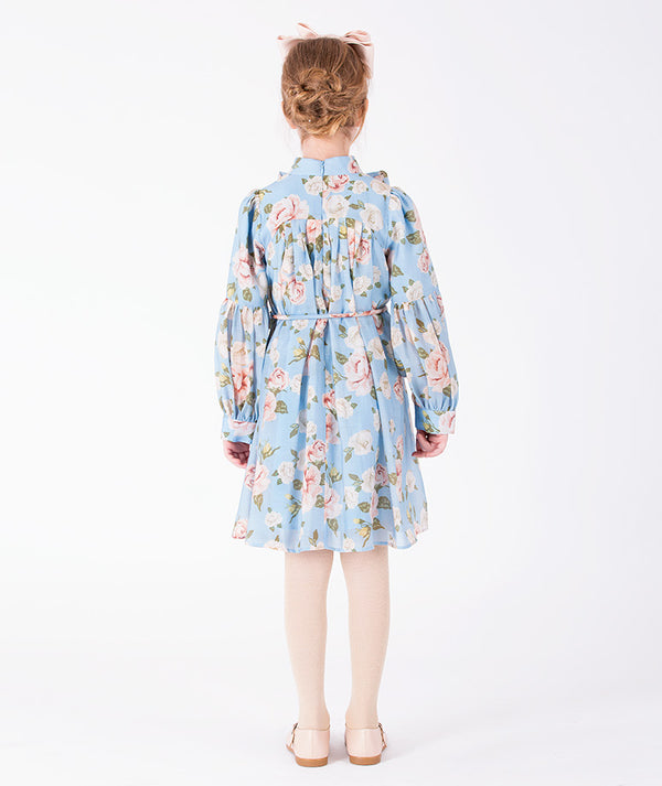 Floral Bow blue floral girls dress with gathered sleeves and waist tie back view
