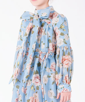 Floral Bow girls dress with statement neck bow, rose print and gathered sleeve detail