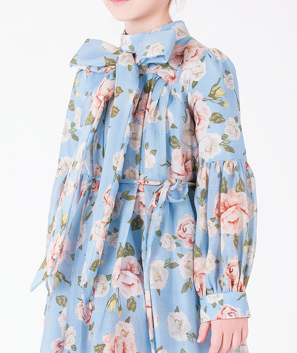 Floral Bow girls dress with statement neck bow, rose print and gathered sleeve detail