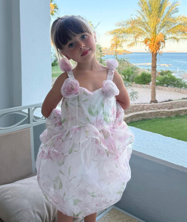 Editorial view of Floral Chiffon Girls Dress in chiffon for girls ages 3 to 12, featuring tailoring, closure and finishing