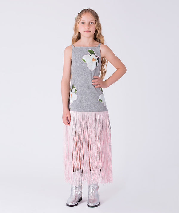 Front view of floral fringe girls dress by Mama Luma, sleeveless grey dress with floral appliqué and pink fringe skirt for girls