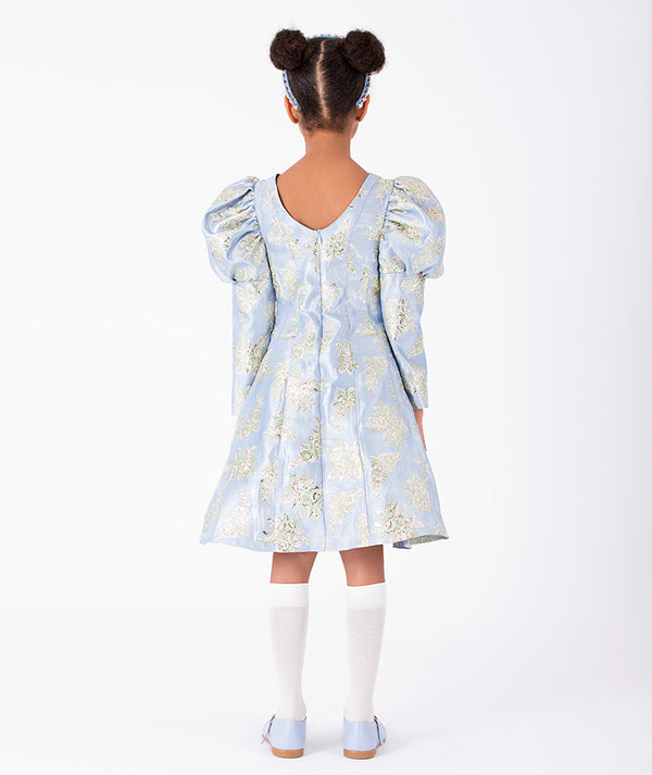 Powder blue floral jacquard girls dress with split sleeves, scooped back and flared skirt back view