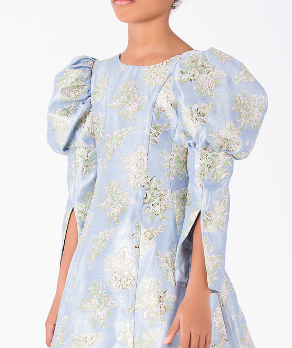 Powder blue floral jacquard girls dress with sculpted puff sleeves and woven botanical detail