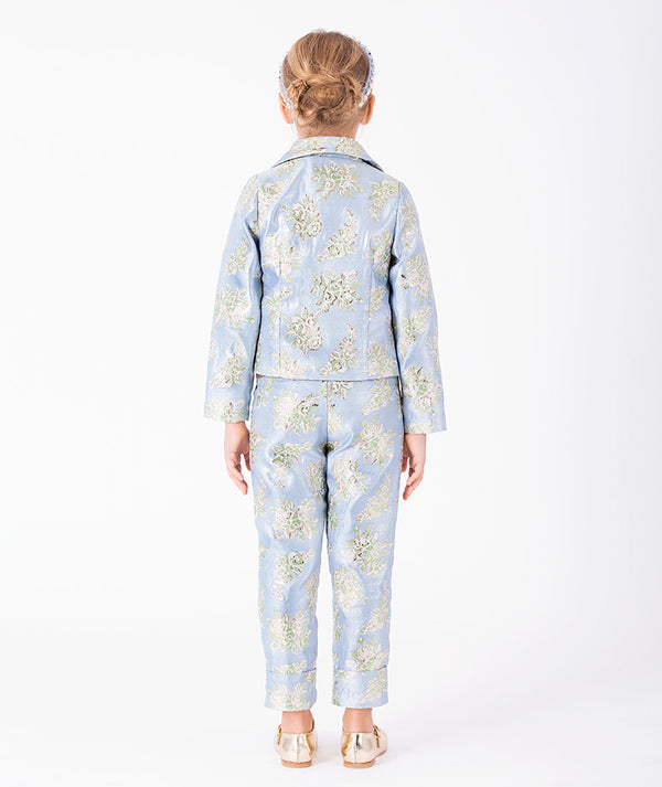 Floral Jacquard Girls Jacket in powder blue with woven botanical motifs and tailored back view
