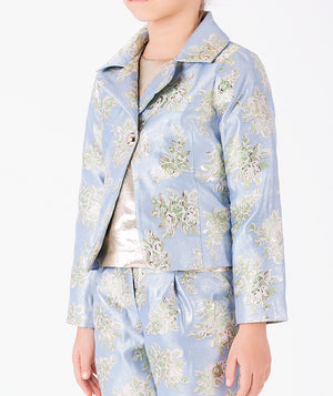 Powder blue floral jacquard girls jacket with woven flowers, pointed collar and statement button detail