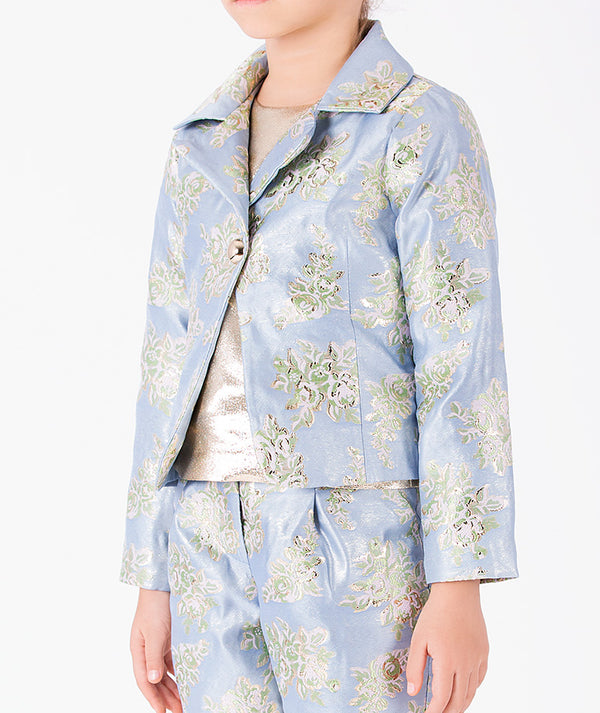Powder blue floral jacquard girls jacket with woven flowers, pointed collar and statement button detail