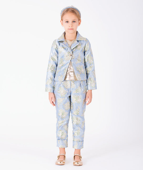 Powder blue floral jacquard girls jacket with pointed collar and tailored trousers front view