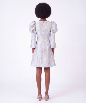 Back view of Mama Luma Floral Jacquard Women's Dress featuring woven florals, sculpted shoulders and an A-line silhouette