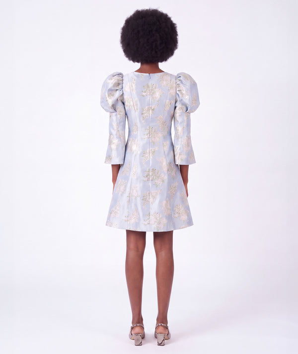 Back view of Mama Luma Floral Jacquard Women's Dress featuring woven florals, sculpted shoulders and an A-line silhouette
